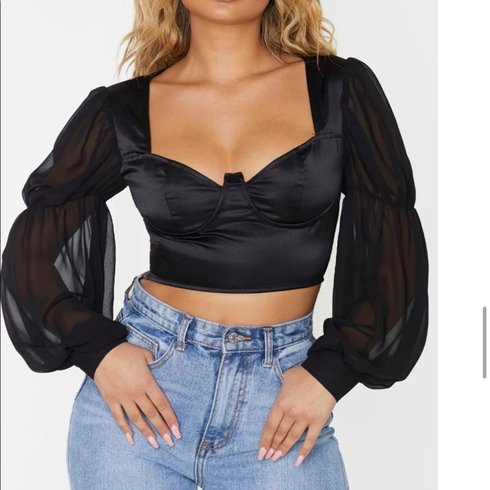 Black satin v-wire underbust sheer cropped blouse